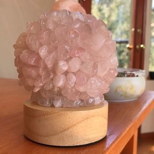 Rose Quartz Crystal Decorative Sphere on Wooden Base - Pink